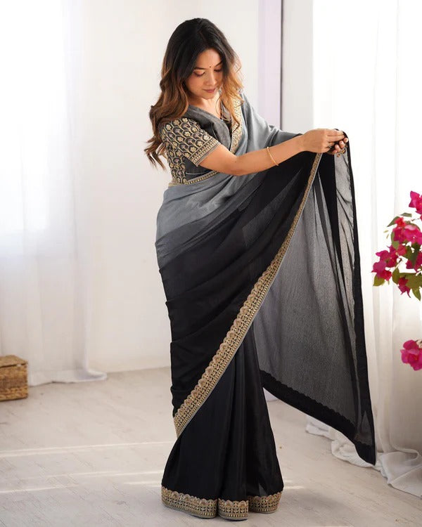 Elegant Black Silk Saree with Golden Embroidered Detailing