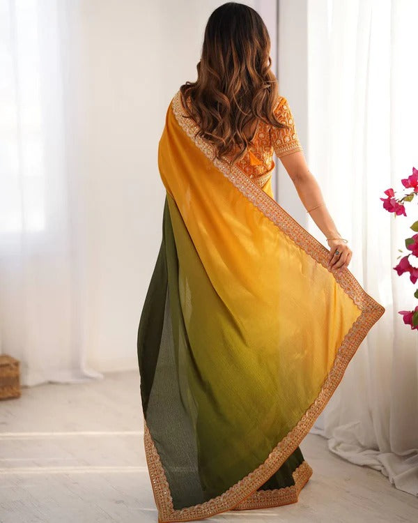 Ombre Orange-Green Saree with Sequin Embellished Border