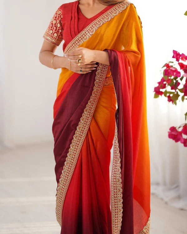 Elegant Red and Yellow Ombre Silk Saree with Embroidered Border