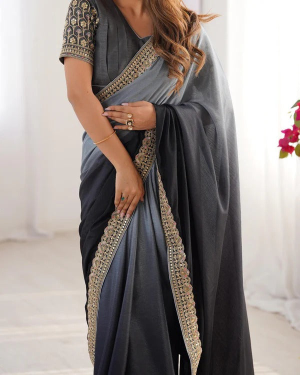 Elegant Black Silk Saree with Golden Embroidered Detailing