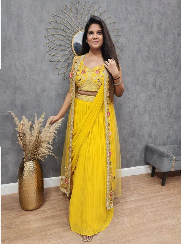 Vibrant Mustard Yellow Ready-to-Wear Saree with Jacket and Hand Embroidery