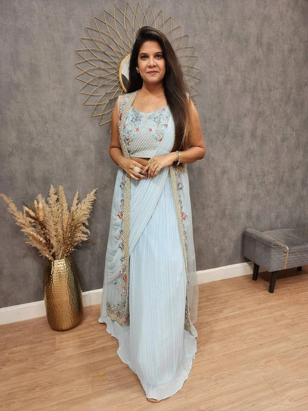 Pastel Blue Draped Saree Set with Pearl Embroidered Blouse & Floral Net Jacket