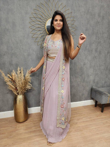 Soft MauvFusion Saree Set with Net Jacket and Thread Work Detailing
