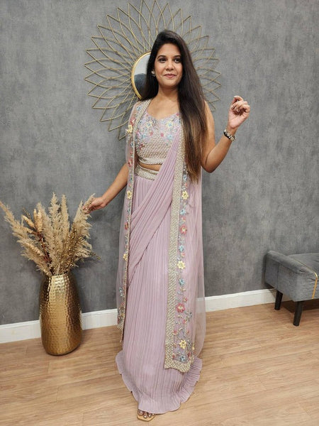 Soft MauvFusion Saree Set with Net Jacket and Thread Work Detailing