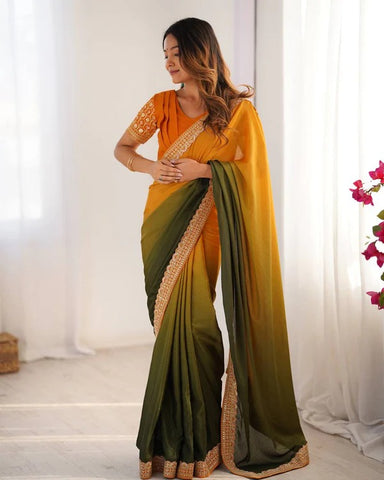 Ombre Orange-Green Saree with Sequin Embellished Border