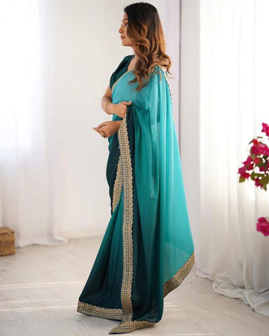 Ombre Teal Silk Saree with Embroidered Border