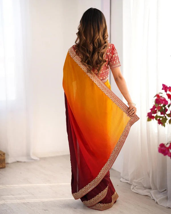Elegant Red and Yellow Ombre Silk Saree with Embroidered Border