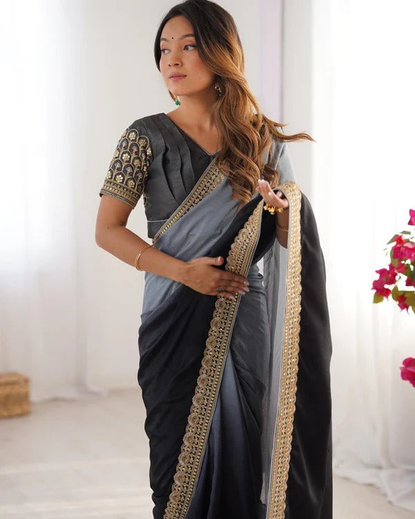 Elegant Black Silk Saree with Golden Embroidered Detailing