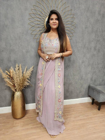 Soft MauvFusion Saree Set with Net Jacket and Thread Work Detailing