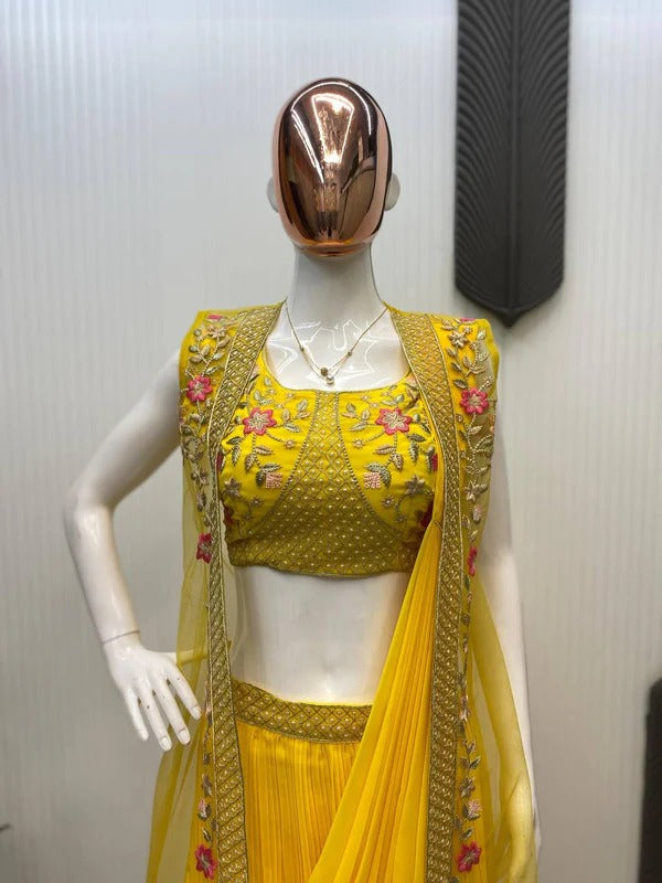 Vibrant Mustard Yellow Ready-to-Wear Saree with Jacket and Hand Embroidery