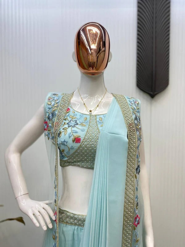 Pastel Blue Draped Saree Set with Pearl Embroidered Blouse & Floral Net Jacket