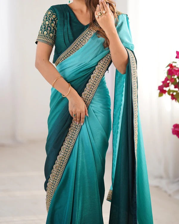 Ombre Teal Silk Saree with Embroidered Border