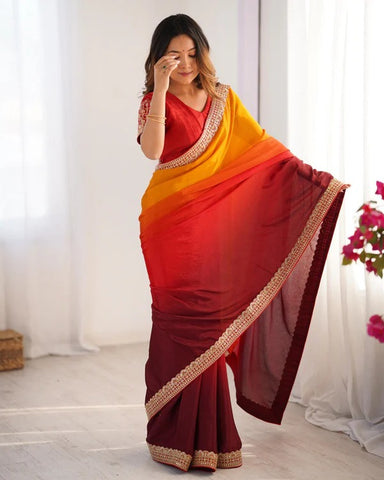 Elegant Red and Yellow Ombre Silk Saree with Embroidered Border