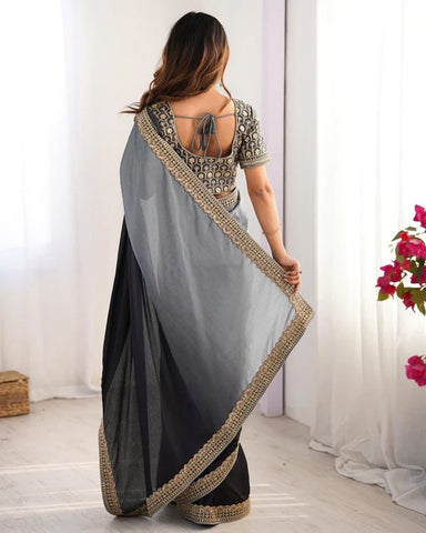 Elegant Black Silk Saree with Golden Embroidered Detailing