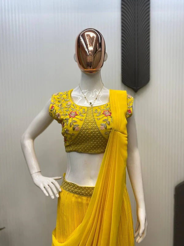 Vibrant Mustard Yellow Ready-to-Wear Saree with Jacket and Hand Embroidery