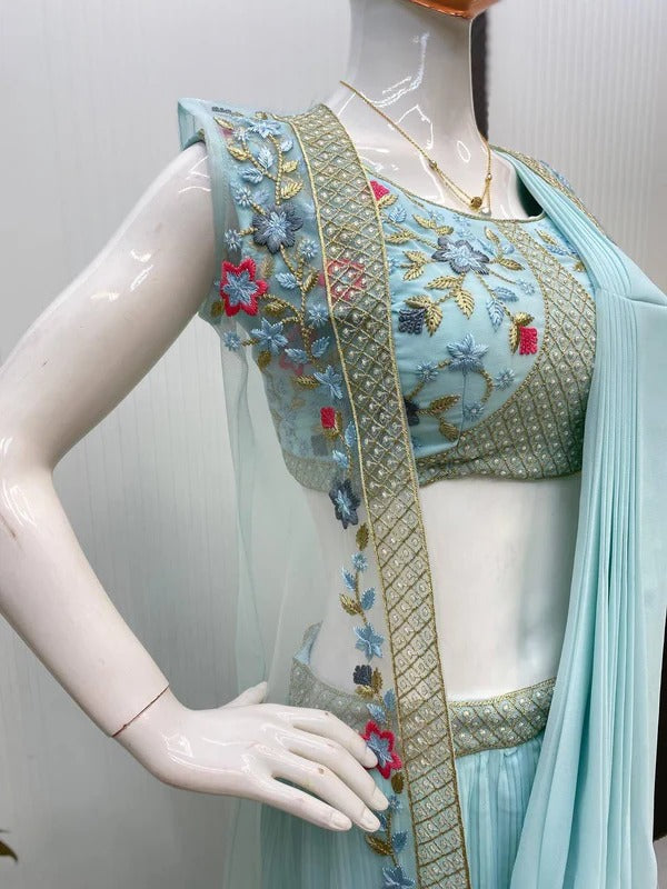 Pastel Blue Draped Saree Set with Pearl Embroidered Blouse & Floral Net Jacket