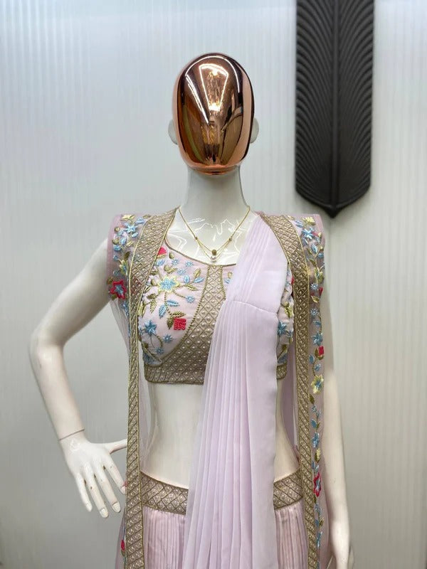 Soft MauvFusion Saree Set with Net Jacket and Thread Work Detailing