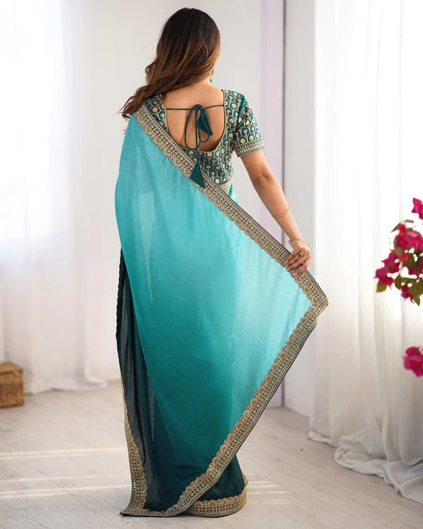 Ombre Teal Silk Saree with Embroidered Border
