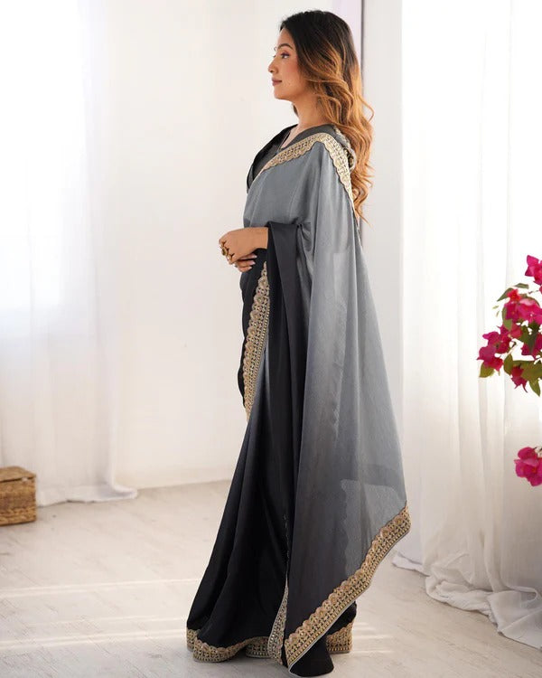 Elegant Black Silk Saree with Golden Embroidered Detailing