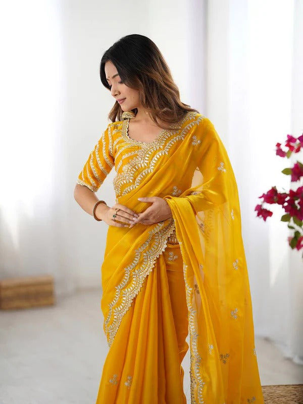Sunshine Glow Yellow Georgette Saree with White Embroidery