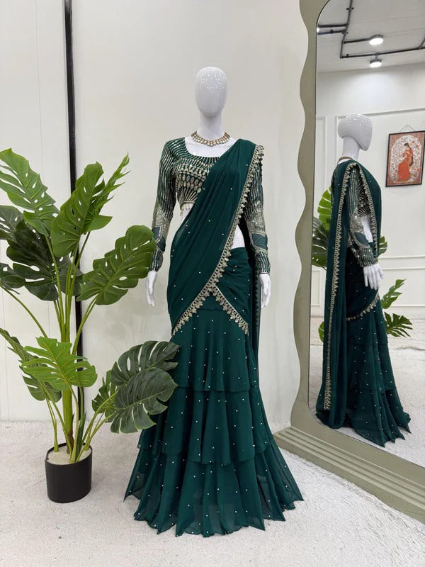 Emerald Green Ruffle Lehenga Saree with Embellished Blouse & Pearl Detailing
