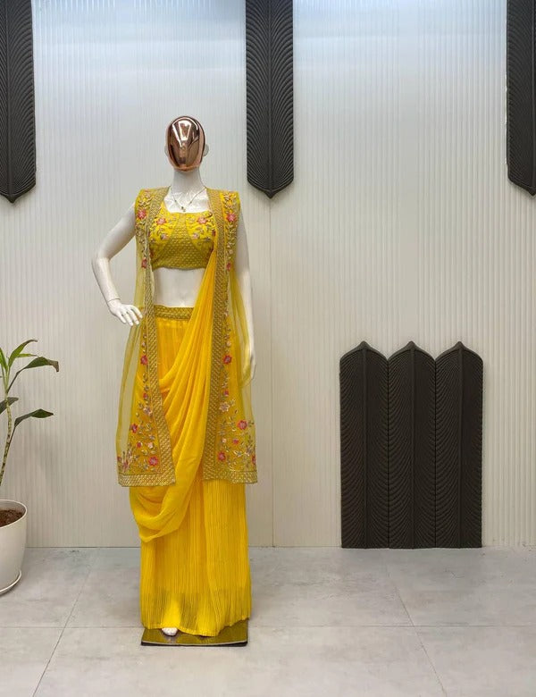 Vibrant Mustard Yellow Ready-to-Wear Saree with Jacket and Hand Embroidery