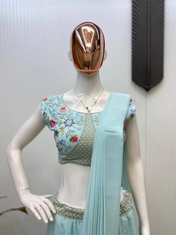 Pastel Blue Draped Saree Set with Pearl Embroidered Blouse & Floral Net Jacket