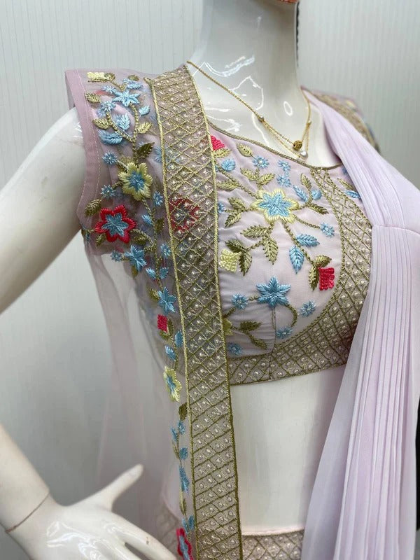 Soft MauvFusion Saree Set with Net Jacket and Thread Work Detailing