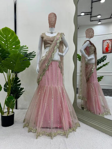 Blush Pink Net Ready to wear Lehenga Saree with Golden Sequin Embellishments & Designer Blouse