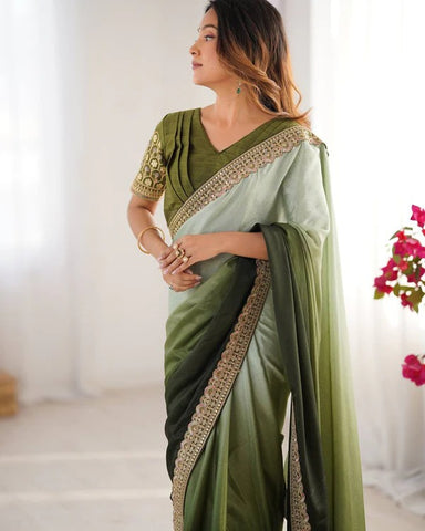 Ombré Olive Green Saree with Embroidered Border
