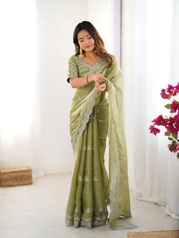 Lightweight Olive Green Saree with Silver Thread Embroidery