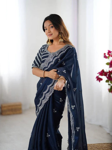 Navy Blue Saree with Intricate Thread Work
