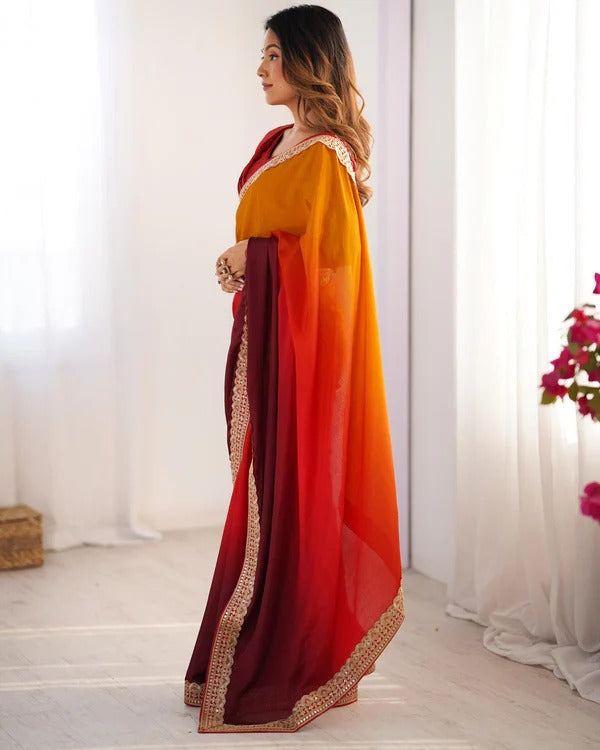 Elegant Red and Yellow Ombre Silk Saree with Embroidered Border
