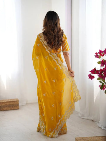 Sunshine Glow Yellow Georgette Saree with White Embroidery