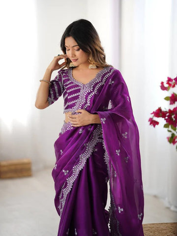 Royal Purple Georgette Saree with Intricate White Embroidery