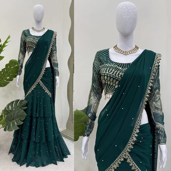 Emerald Green Ruffle Lehenga Saree with Embellished Blouse & Pearl Detailing