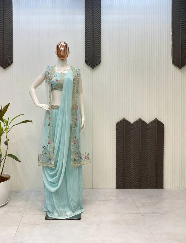 Pastel Blue Draped Saree Set with Pearl Embroidered Blouse & Floral Net Jacket