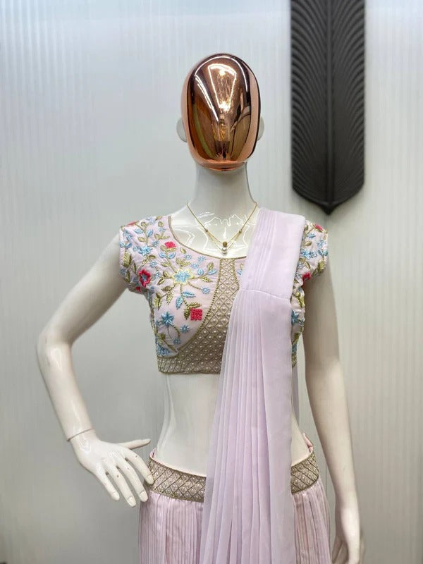 Soft MauvFusion Saree Set with Net Jacket and Thread Work Detailing