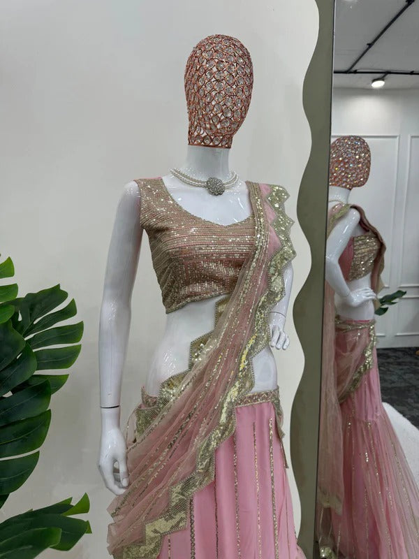 Blush Pink Net Ready to wear Lehenga Saree with Golden Sequin Embellishments & Designer Blouse