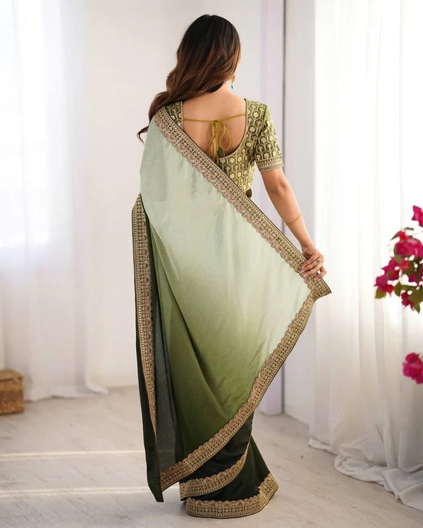 Ombré Olive Green Saree with Embroidered Border