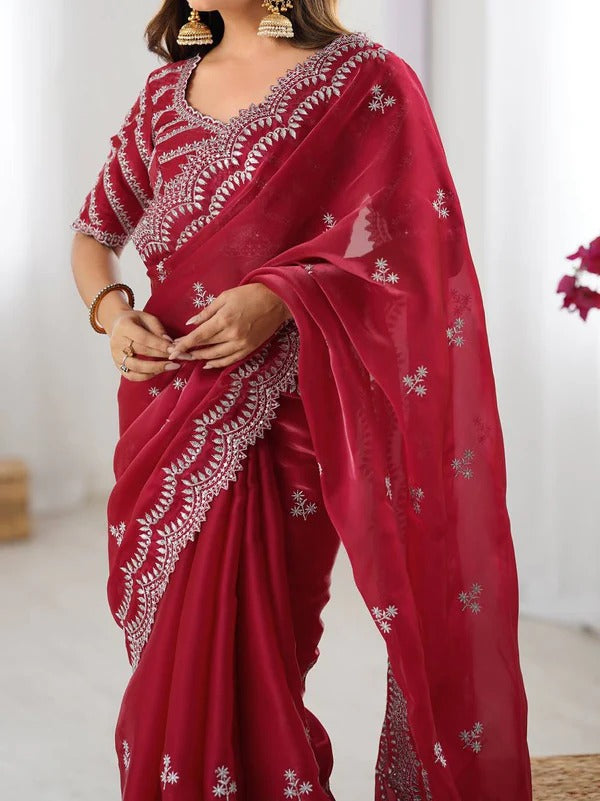 Elegant Red Saree with Intricate Thread Work