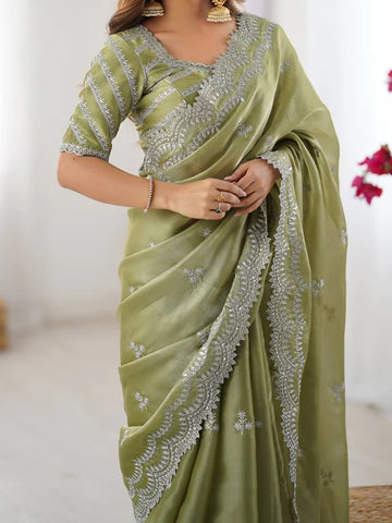 Lightweight Olive Green Saree with Silver Thread Embroidery