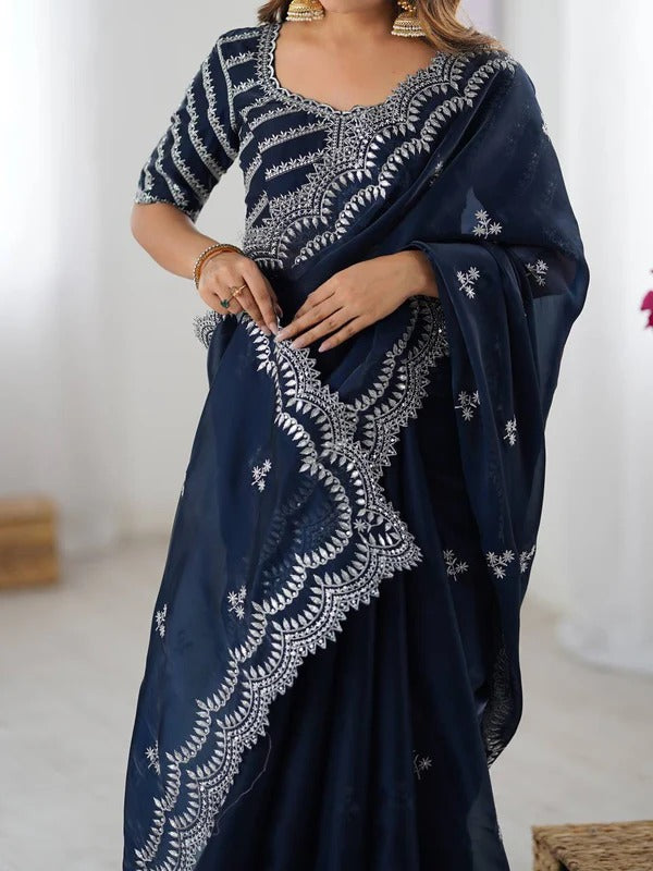 Navy Blue Saree with Intricate Thread Work
