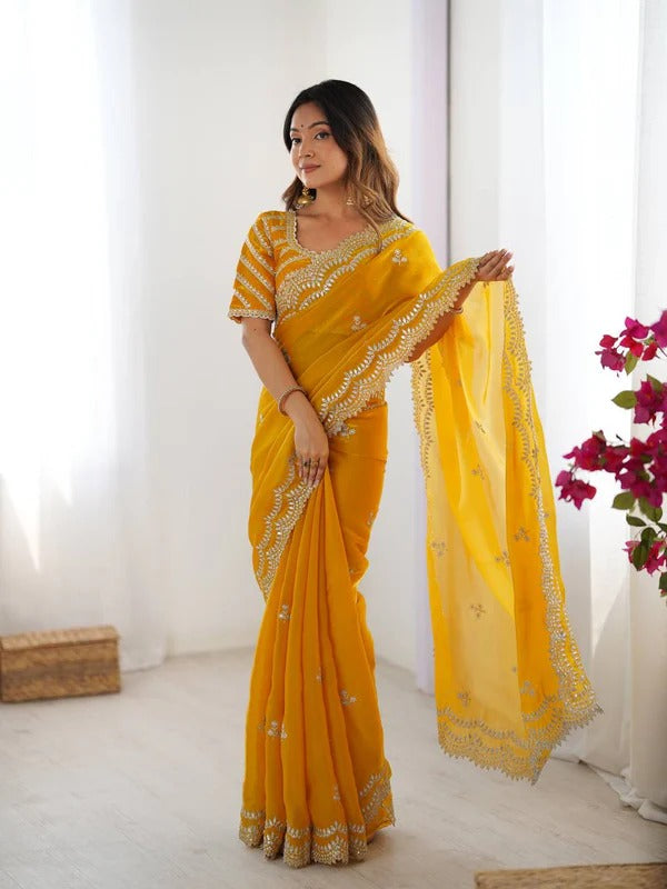 Sunshine Glow Yellow Georgette Saree with White Embroidery