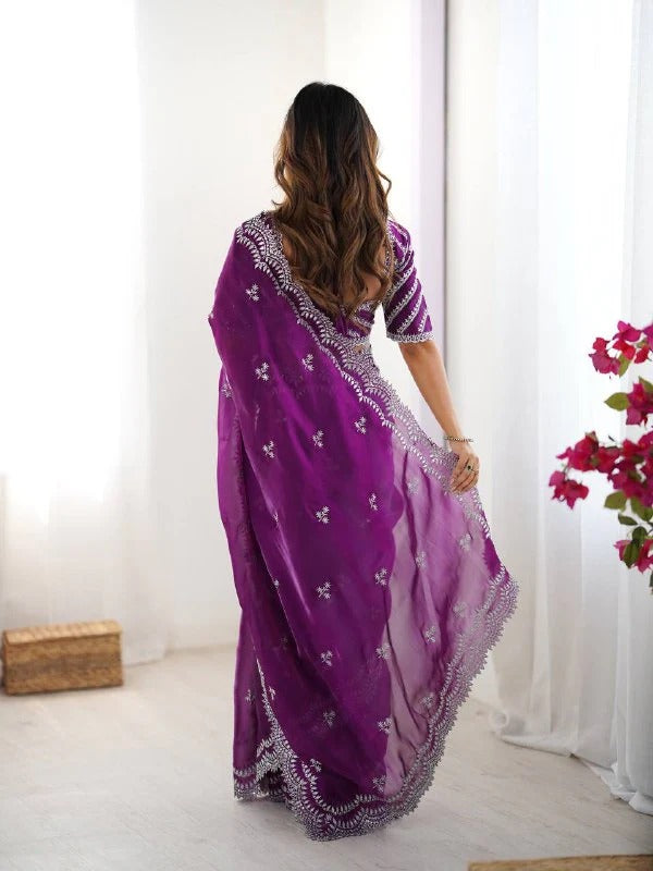 Royal Purple Georgette Saree with Intricate White Embroidery