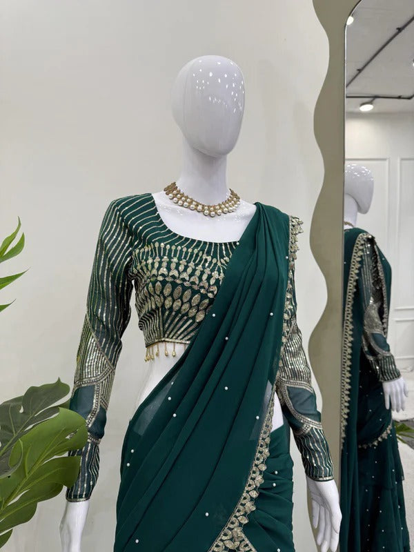 Emerald Green Ruffle Lehenga Saree with Embellished Blouse & Pearl Detailing