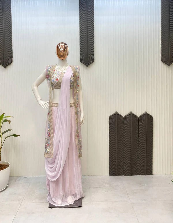Soft MauvFusion Saree Set with Net Jacket and Thread Work Detailing