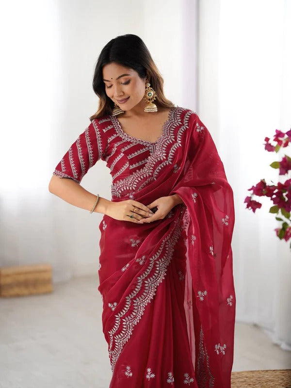 Elegant Red Saree with Intricate Thread Work