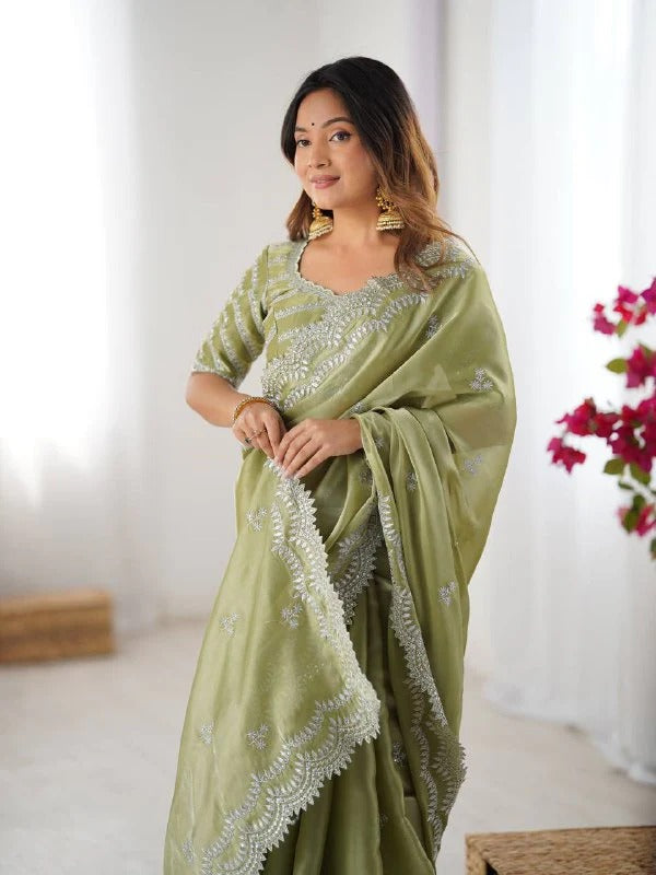 Lightweight Olive Green Saree with Silver Thread Embroidery