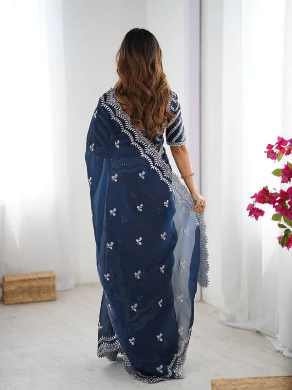 Navy Blue Saree with Intricate Thread Work